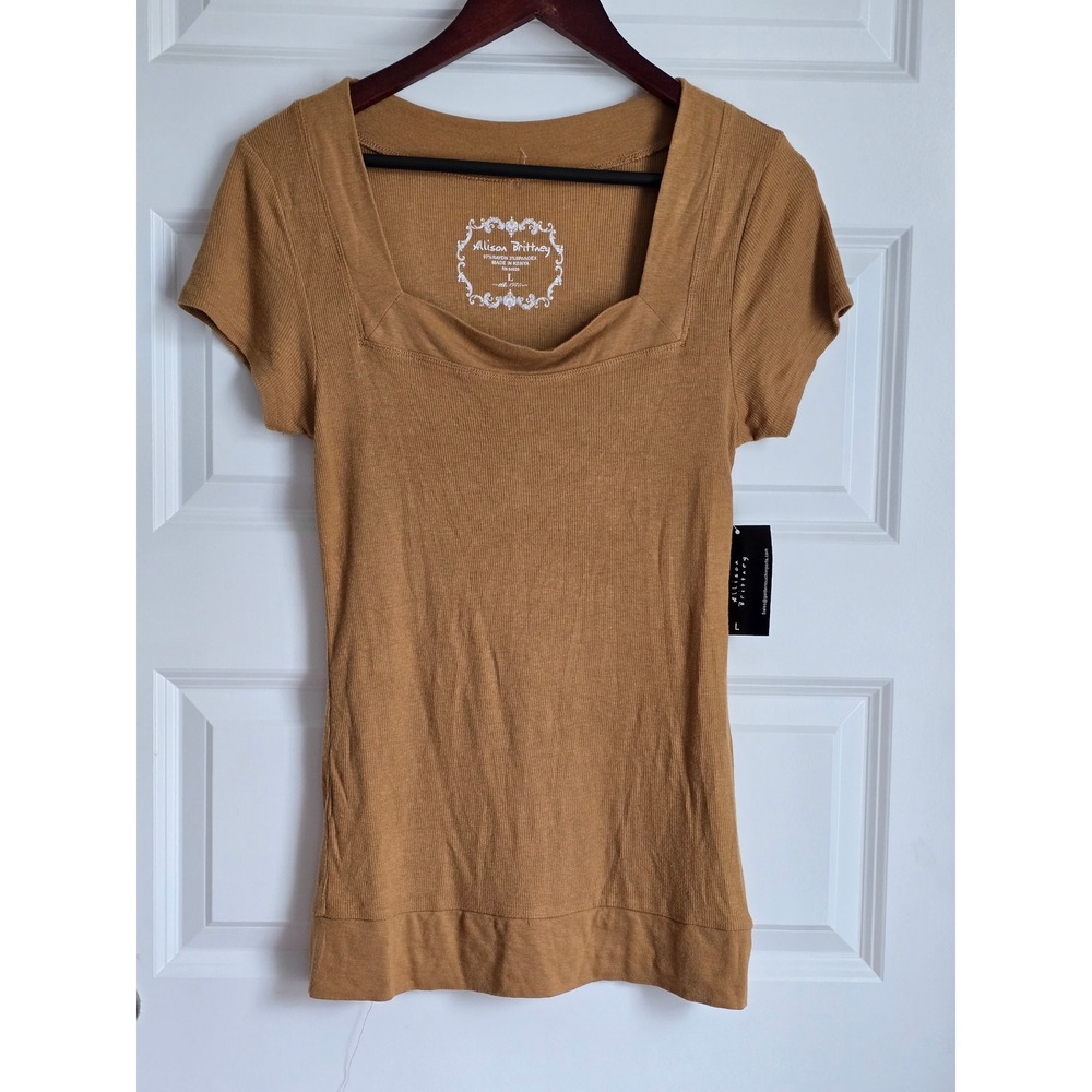 Allison Brittney Womens Ribbed Square Neck Short Sleeve Top Camel Brown L NWT